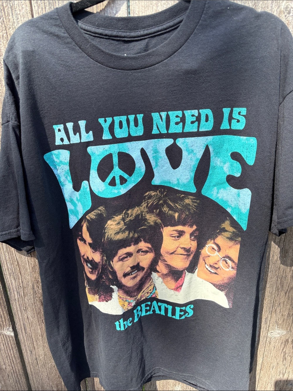 The Beatles Black Tee with Turquoise 'All You Need Is Love' Graphic